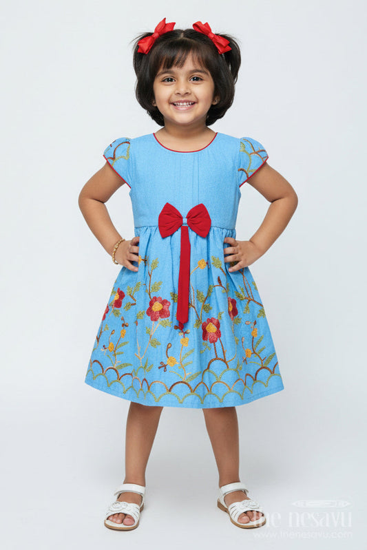 The Nesavu Girls Cotton Frock Embroidered Cotton Frock for Girls for School Functions and Family Outings Nesavu 20 (3Y) / Blue GFC2003A-20 Nesavu embroidered cotton frock girls school events stage functions casual celebrations