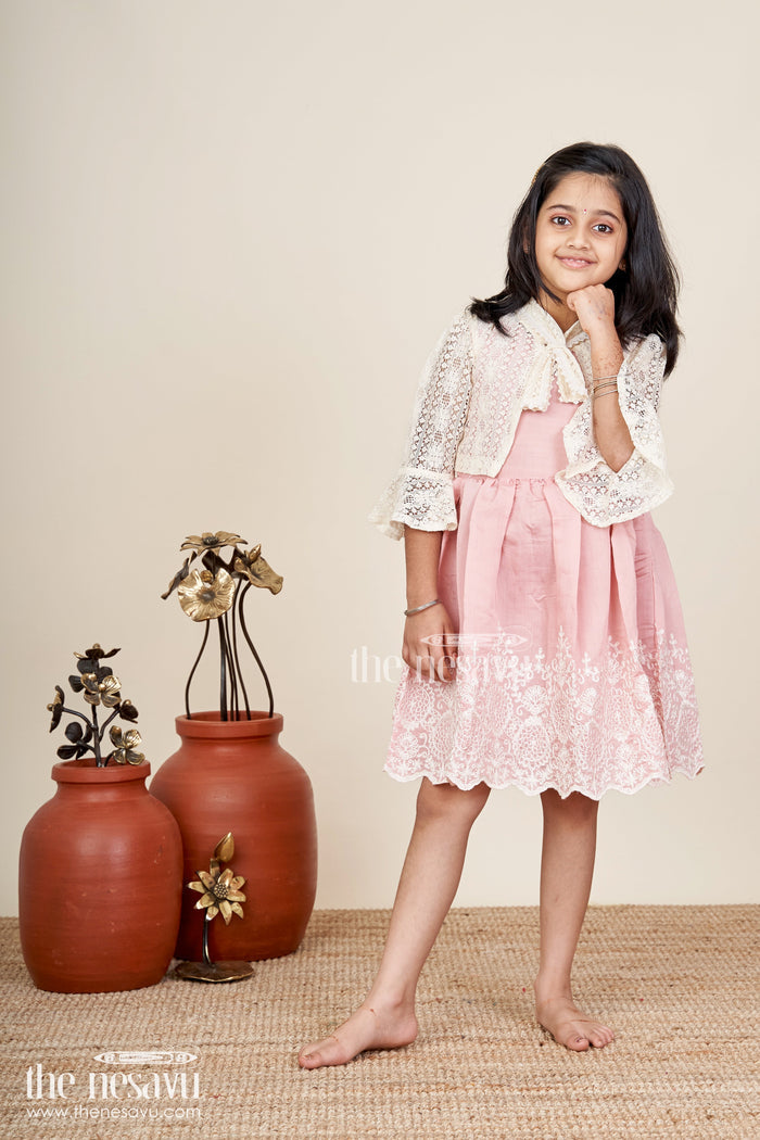 The Nesavu Girls Fancy Frock Embroidered frock and net jacket set for toddler girls for family events Nesavu 20 (3Y) / Peach GFC1831A-20 Nesavu embroidered frock net jacket set toddler girls weddings special occasions