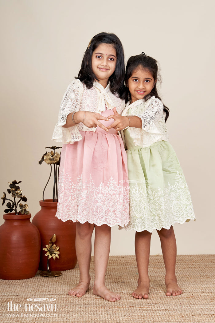 The Nesavu Girls Fancy Frock Embroidered frock and net jacket set for toddler girls for family events Nesavu Nesavu embroidered frock net jacket set toddler girls weddings special occasions