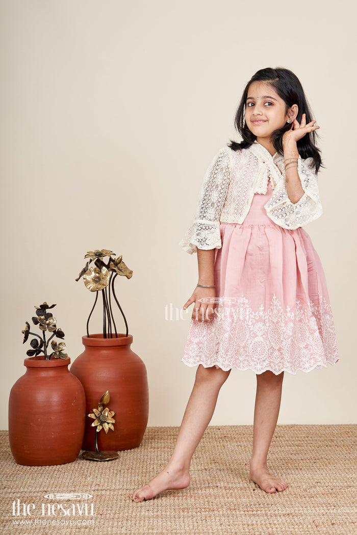 The Nesavu Girls Fancy Frock Embroidered frock and net jacket set for toddler girls for family events Nesavu Nesavu embroidered frock net jacket set toddler girls weddings special occasions
