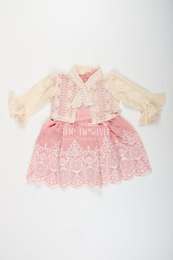 The Nesavu Girls Fancy Frock Embroidered frock and net jacket set for toddler girls for family events Nesavu Nesavu embroidered frock net jacket set toddler girls weddings special occasions