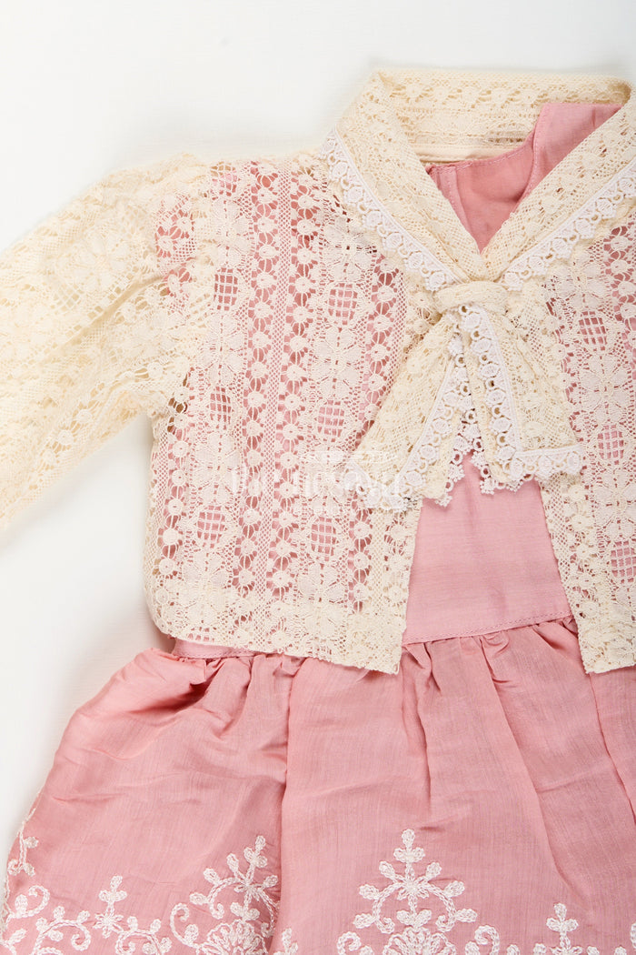 The Nesavu Girls Fancy Frock Embroidered frock and net jacket set for toddler girls for family events Nesavu Nesavu embroidered frock net jacket set toddler girls weddings special occasions