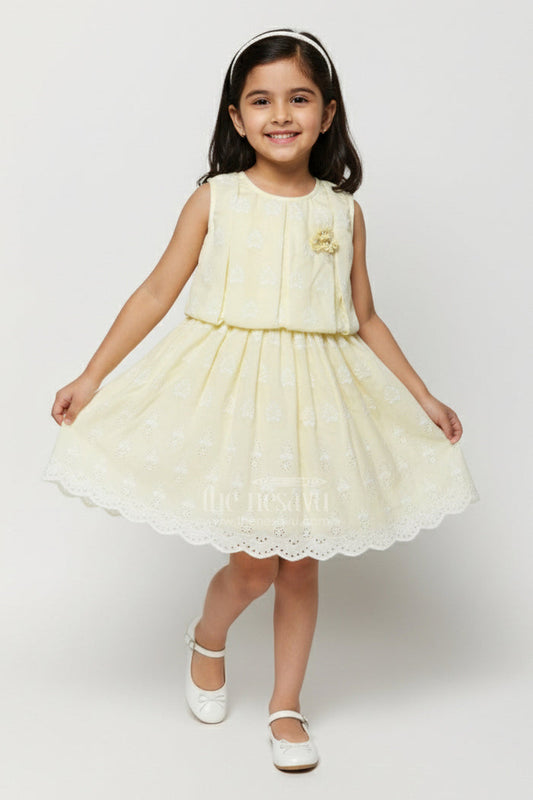 The Nesavu Girls Fancy Frock Embroidered Frock for Girls Elegant Occasion Wear Nesavu 16 (1Y) / Yellow GFC1798A-16 Nesavu Pastel Yellow Girls Tulle Frock Hakoba Cotton Scalloped Hem Floral Accent