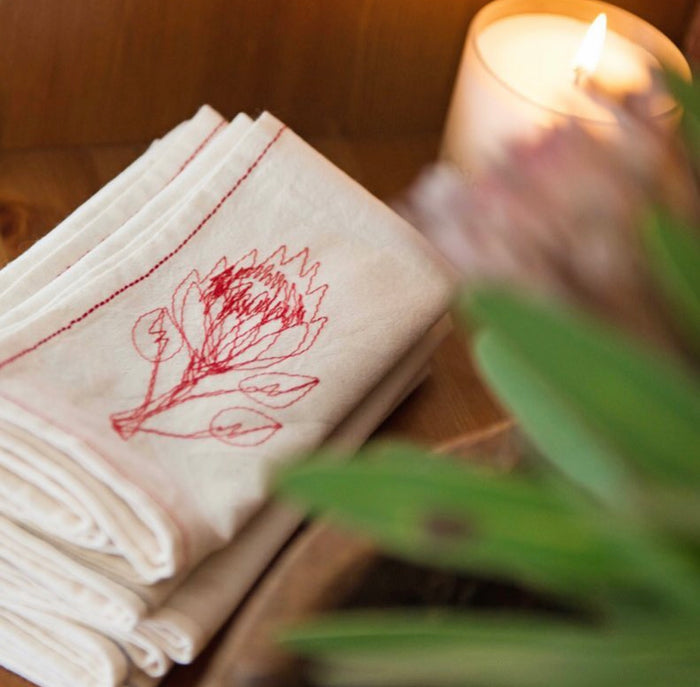 Embroidered Hemp Protea Napkins (set of 4)