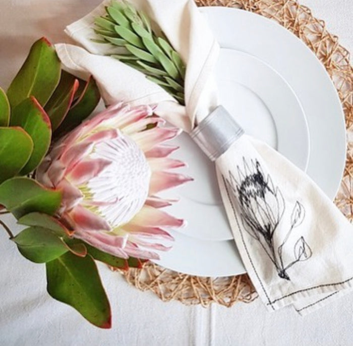 Embroidered Hemp Protea Napkins (set of 4)