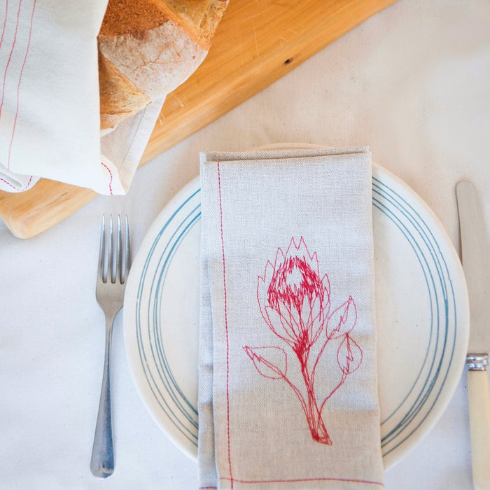 Embroidered Hemp Protea Napkins (set of 4)