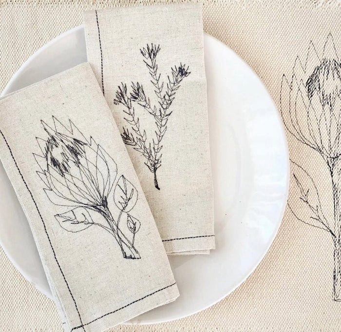 Embroidered Hemp Protea Napkins (set of 4)