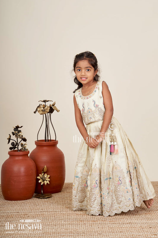 The Nesavu Girls Lehenga Choli Embroidered lehenga choli for girls ideal for weddings and cultural celebrations Nesavu 16 (1Y) / Cream GL675A-16 Nesavu girls embroidered lehenga choli tissue viscose silk  perfect weddings festive occasions