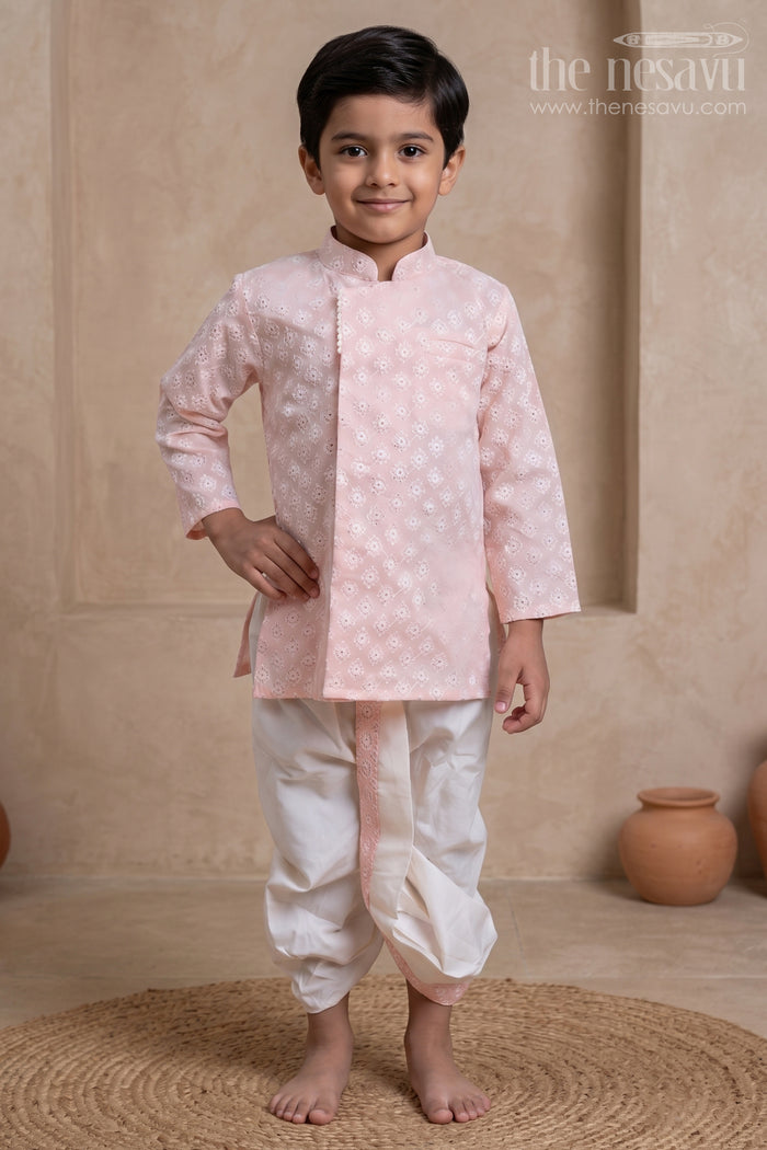 The Nesavu Boys Dothi Set Embroidery Salmon Pink Ethnic Kurta with White Dhoti for Boys Nesavu 10 (NB) / Pink / Cotton BES288C-10 Ethnic Wear For Boys | The Nesavu