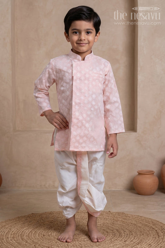 The Nesavu Boys Dothi Set Embroidery Salmon Pink Ethnic Kurta with White Dhoti for Boys Nesavu 10 (NB) / Pink / Cotton BES288C-10 Ethnic Wear For Boys | The Nesavu
