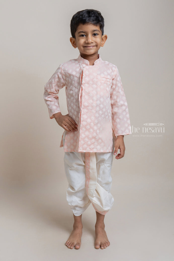 The Nesavu Boys Dothi Set Embroidery Salmon Pink Ethnic Kurta With White Dhoti For Boys Nesavu 10 (NB) / Pink / Cotton BES288C-10 Ethnic Wear For Boys | Traditional Wear Collection | The Nesavu