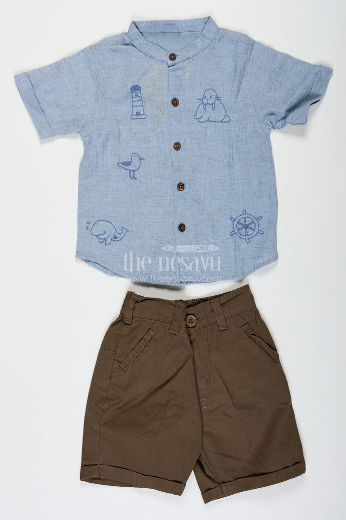 The Nesavu Boys Casual Set Embroidery Shirt Set for Boys in Sky Blue with Nautical Thread Motifs and Olive Green Shorts for Everyday Adventures Nesavu 16 (1Y) / Blue BCS227B-16 Embroidery Shirt Set for Boys in Sky Blue with Nautical Motifs and Cotton Olive Shorts | The Nesavu