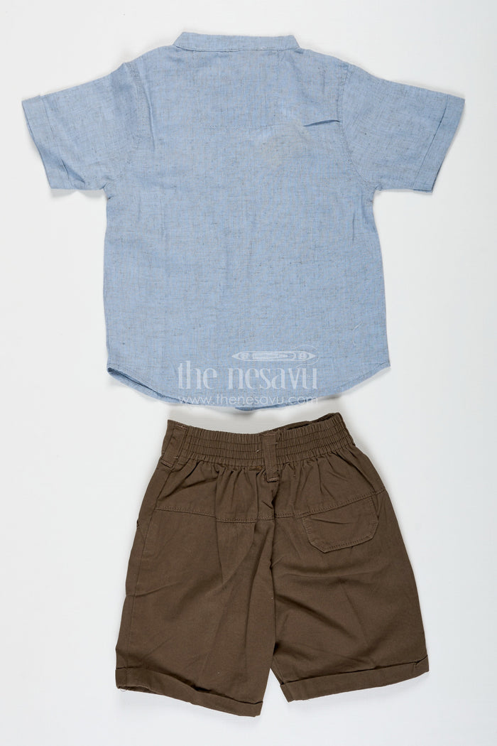 The Nesavu Boys Casual Set Embroidery Shirt Set for Boys in Sky Blue with Nautical Thread Motifs and Olive Green Shorts for Everyday Adventures Nesavu Embroidery Shirt Set for Boys in Sky Blue with Nautical Motifs and Cotton Olive Shorts | The Nesavu