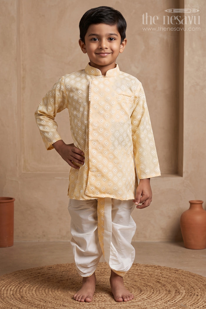 The Nesavu Boys Dothi Set Embroidery Yellow Ethnic Kurta with White Dhoti for Boys Nesavu 10 (NB) / Yellow / Cotton BES288B-10 Premium Yellow Kurta For Boys | The Nesavu