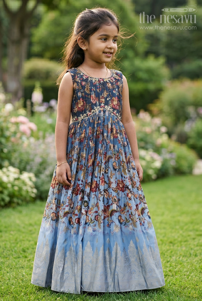 The Nesavu Girls Party Gown Enchanted Blue a-Line Anarkali Gown for Girlsfestive Elegance Nesavu 24 (5Y) / Gray GA205A-24 Designer Blue Anarkali Gown for Girls | The Nesavu