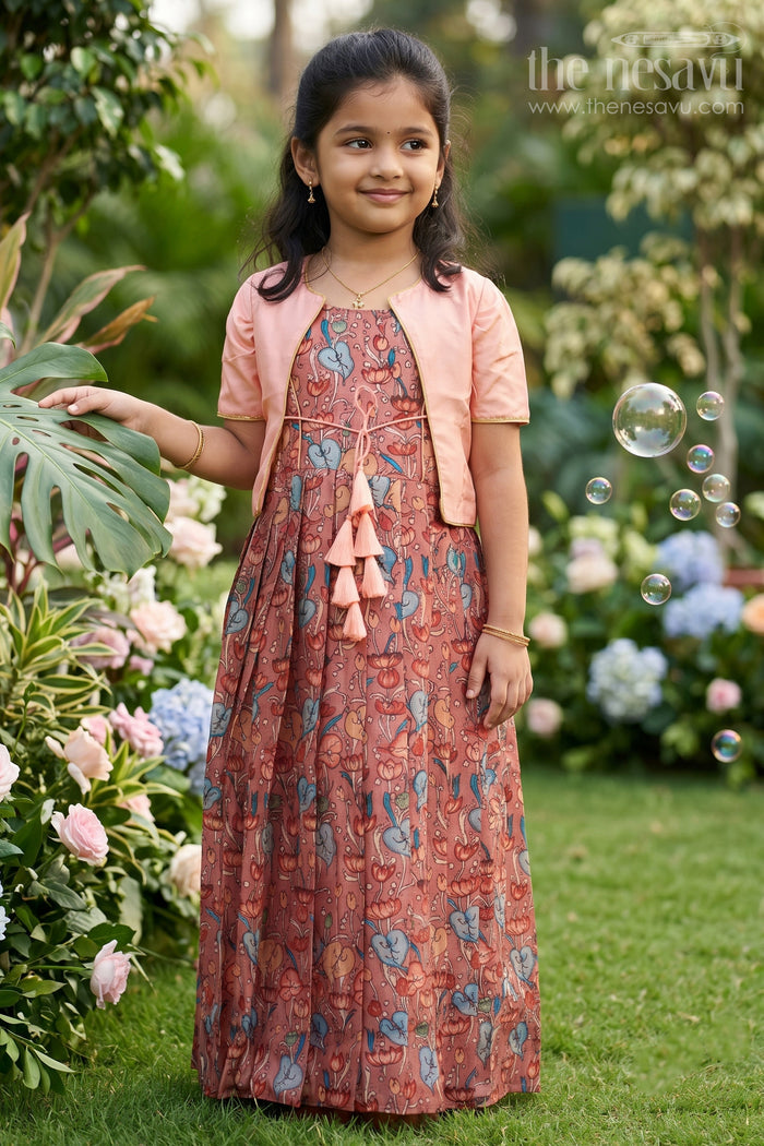 The Nesavu Girls Silk Gown Enchanted Garden: Mauve Anarkali Gown with Delicate Kalamkari Prints & Pink Overcoat Nesavu 16 (1Y) / Pink / Blend Silk GA164B-16 Mauve Kalamkari Printed Anarkali | The Nesavu