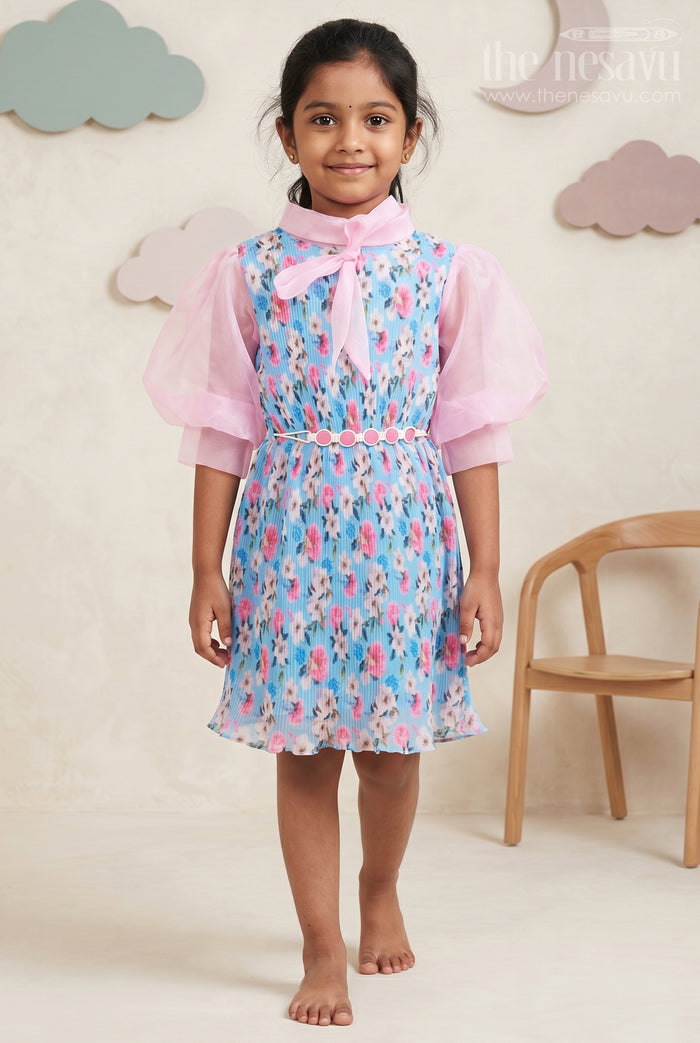 The Nesavu Girls Fancy Frock Enchanted Garden Sheer Fancy Frock with Organza Sleeves for Girls Nesavu 18 (2Y) / Blue / Georgette GFC1243A-18 Girls Lightweight Summer Cotton Dresses | The Nesavu