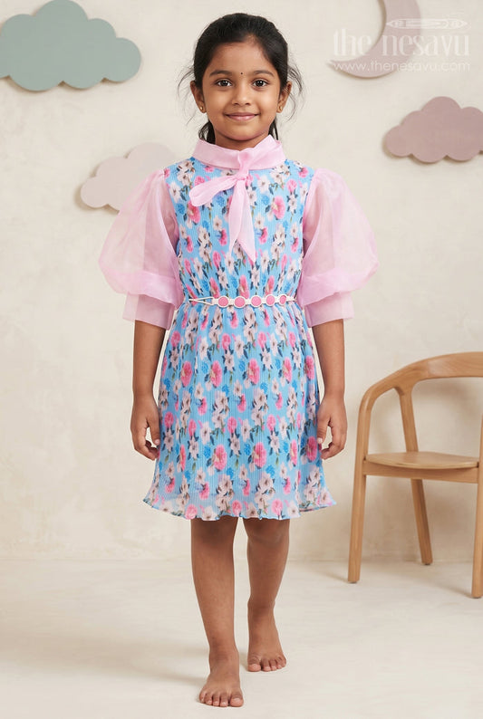 The Nesavu Girls Fancy Frock Enchanted Garden Sheer Fancy Frock with Organza Sleeves for Girls Nesavu 18 (2Y) / Blue / Georgette GFC1243A-18 Girls Lightweight Summer Cotton Dresses | The Nesavu