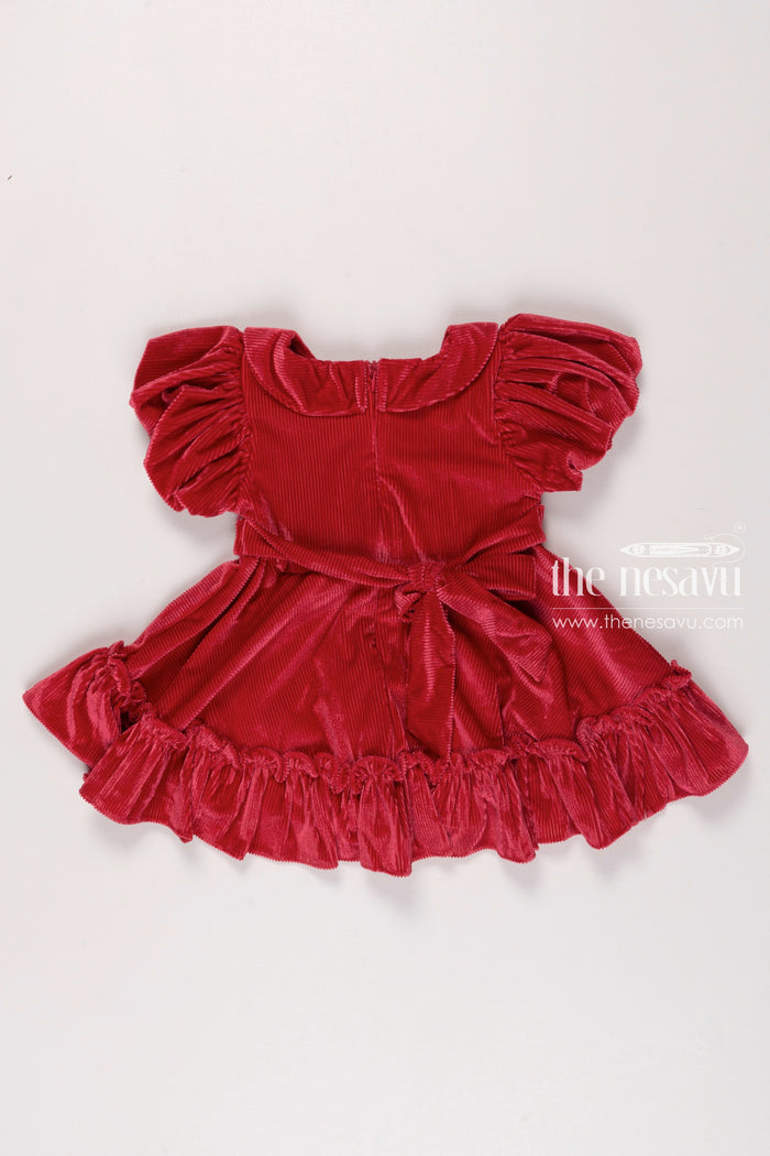 The Nesavu Girls Fancy Frock Enchanting Ruby Red Velvet Party Frock for Girls Chic & Festive Nesavu Girls Red Velvet Dress | Festive Party Frock | Elegant Kids Birthday Outfit | The Nesavu