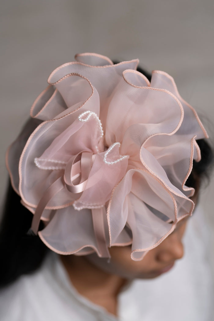 The Nesavu Hair Band Ethereal Blush Organza Floral Hair Accessory with Pearl Details Nesavu Pink JHB82C Romantic Blush Floral Hairband with Pearls | Organza Flower Hairpiece for Girls | The Nesavu