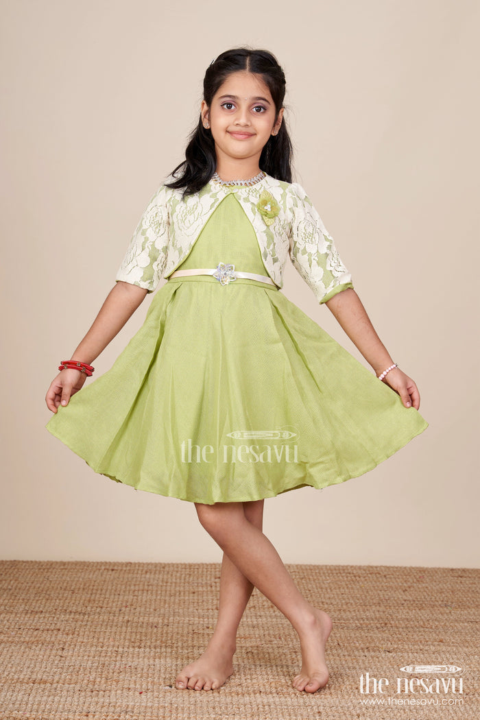 The Nesavu Girls Cotton Frock Ethnic Cotton Frock with Jacket for Girls Attending Family Functions Nesavu Nesavu ethnic cotton frock embroidery jacket girls  ideal temple visits festive family events