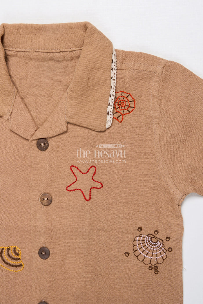 The Nesavu Boys Casual Set Ethnic Muslin Cotton Casual Short Set for Boys with Thread Embroidery Nesavu Nesavu boys muslin cotton short set ethnic embroidery  casual festive wear