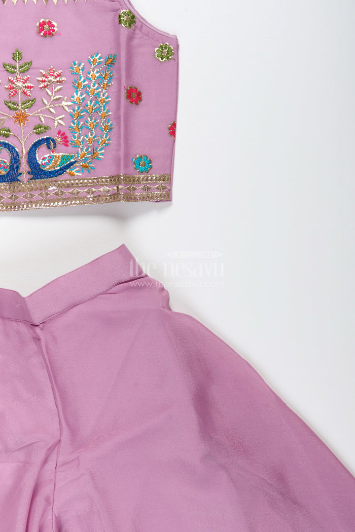 The Nesavu Girls Sharara / Plazo Set Ethnic plazo set with peacock-embroidered crop top – festive outfit for toddlers Nesavu Peacock embroidery plazo set girls  Nesavu ethnic wear kids