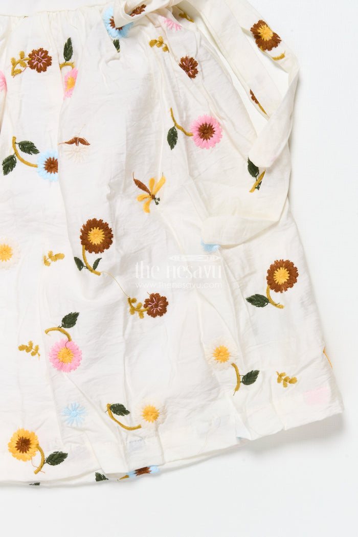 The Nesavu Girls Cotton Frock Everyday Cotton Frock for Baby Girls with Floral Threadwork Nesavu Nesavu baby girl cotton frock floral embroidery perfect everyday wear play