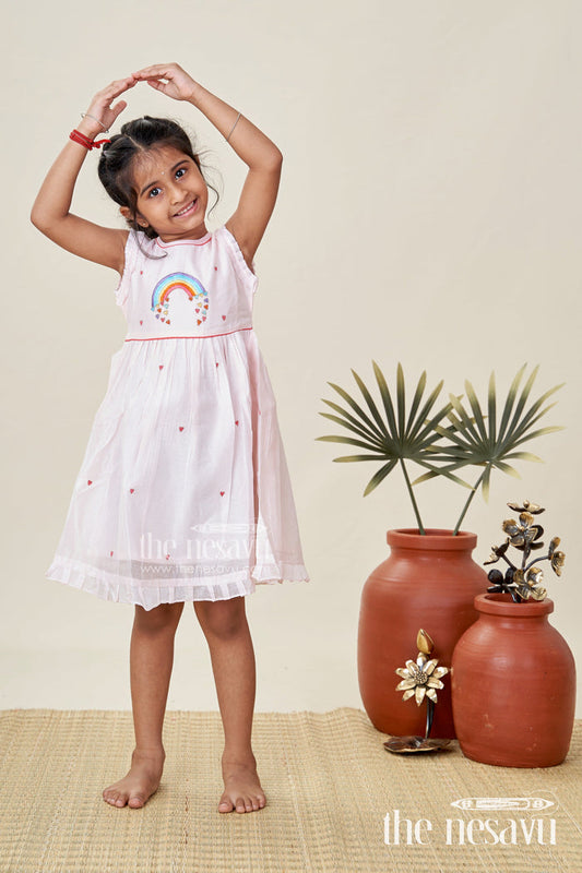 The Nesavu Girls Chanderi Frock Everyday Ethnic Frock for Girls Chanderi Party Style Nesavu 16 (1Y) / Pink GFC1838A-16 Nesavu Girls Pink Chanderi Cotton Party Frock Rainbow Embroidery Heart Motifs Festive Style