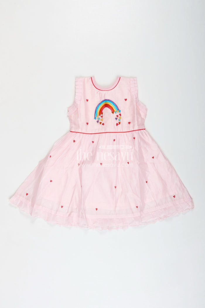 The Nesavu Girls Chanderi Frock Everyday Ethnic Frock for Girls Chanderi Party Style Nesavu Nesavu Girls Pink Chanderi Cotton Party Frock Rainbow Embroidery Heart Motifs Festive Style