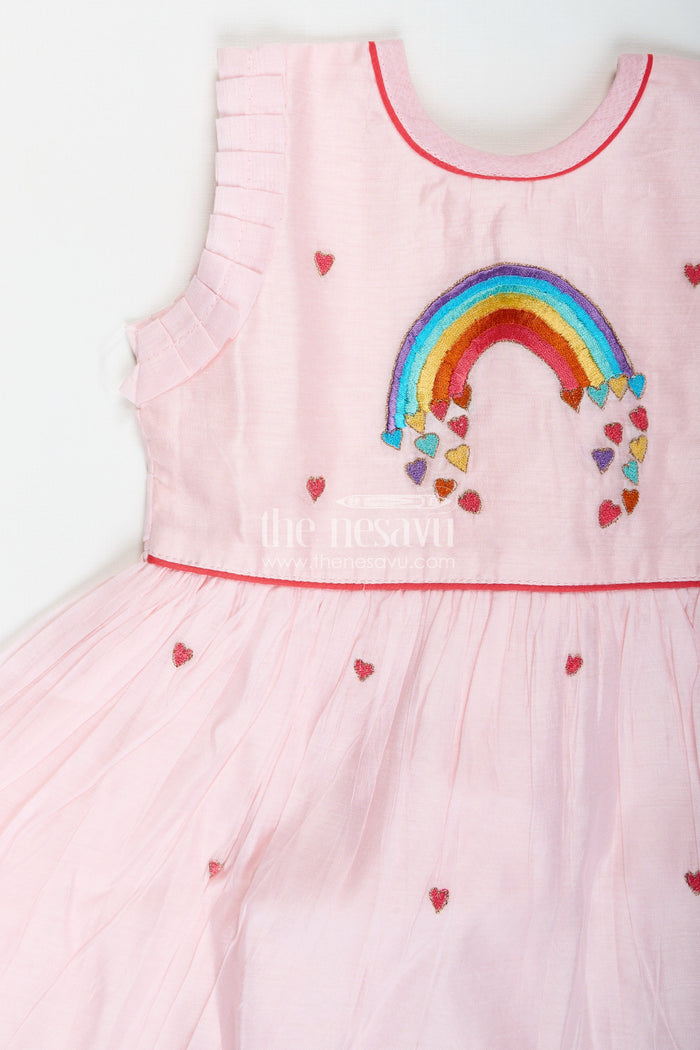 The Nesavu Girls Chanderi Frock Everyday Ethnic Frock for Girls Chanderi Party Style Nesavu Nesavu Girls Pink Chanderi Cotton Party Frock Rainbow Embroidery Heart Motifs Festive Style