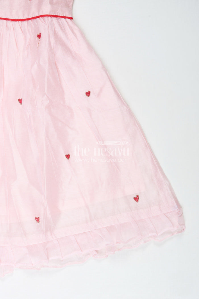 The Nesavu Girls Chanderi Frock Everyday Ethnic Frock for Girls Chanderi Party Style Nesavu Nesavu Girls Pink Chanderi Cotton Party Frock Rainbow Embroidery Heart Motifs Festive Style