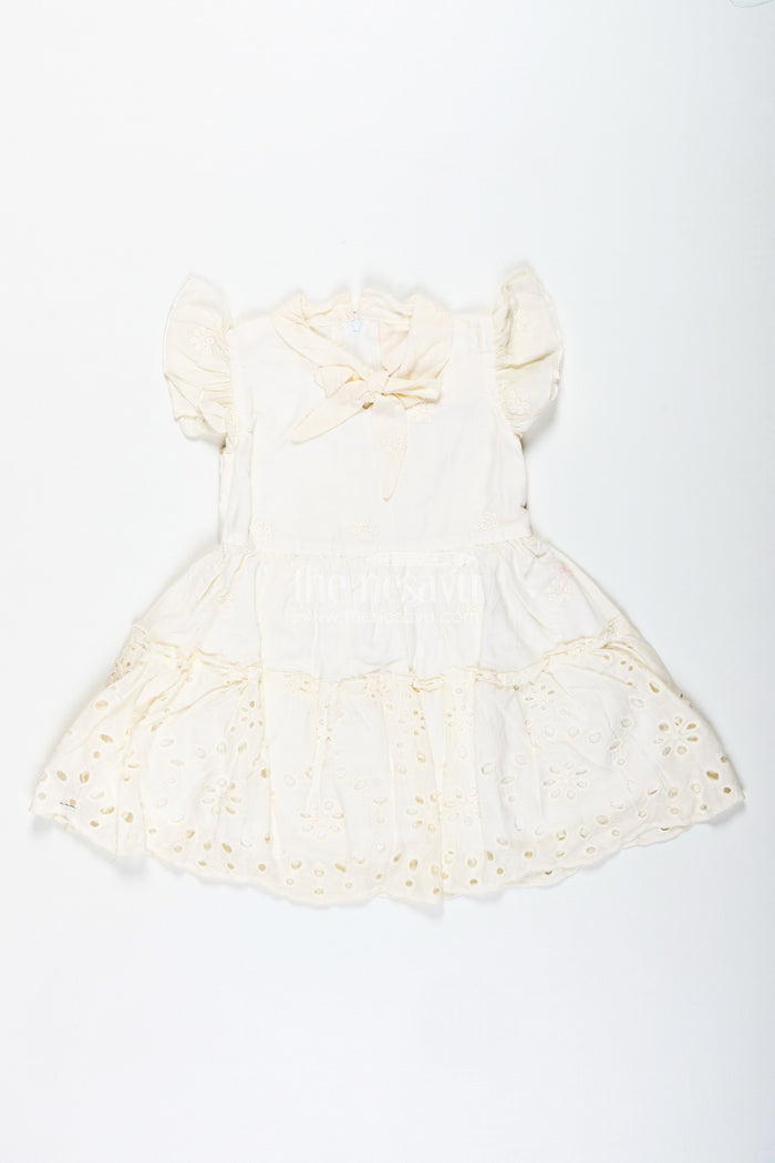 The Nesavu Girls Fancy Frock Everyday Floral Frock for Toddler Girls Comfortable & Cute Nesavu 20 (3Y) / Half white GFC1821A-20 Nesavu Everyday Floral Frock Toddlers Girls Lightweight Hakoba Fabric Puff Sleeves