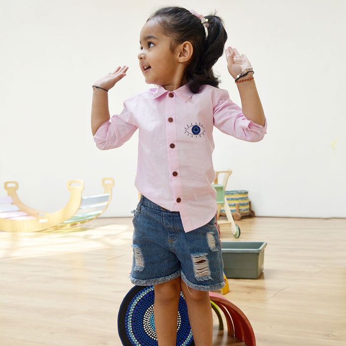 Evil Eye Embroidered Unisex Shirt - Light Pink (1-8 Years)
