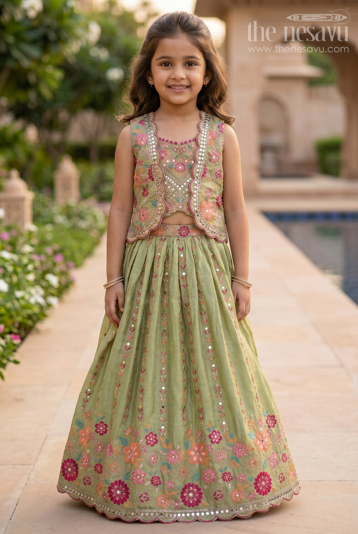 The Nesavu Girls Lehenga Choli Exquisite Green Lehenga for Girls with Floral Embroidery and Mirror Work Choli Nesavu 24 (5Y) / Green GL595A-24 Exquisite Green Lehenga Girls Floral Embroidery Mirror Work Choli | The Nesavu