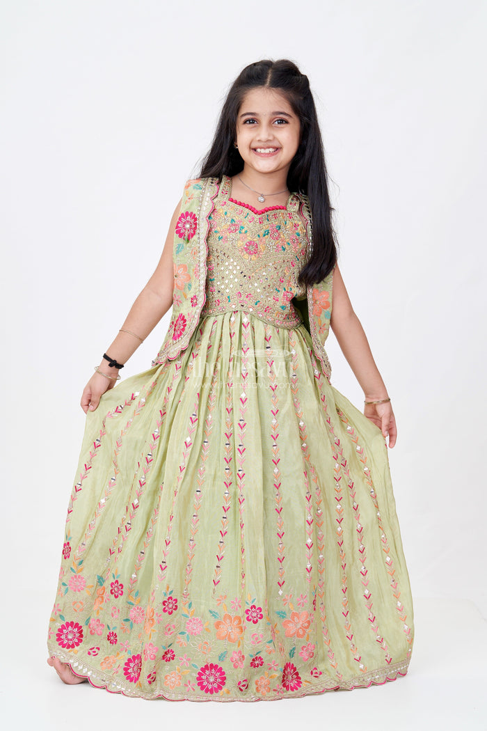 The Nesavu Girls Lehenga Choli Exquisite Green Lehenga for Girls with Floral Embroidery and Mirror Work Choli Nesavu 24 (5Y) / Green GL595A-24 Nesavu Exquisite Green Lehenga Girls Floral Embroidery Mirror Work Choli