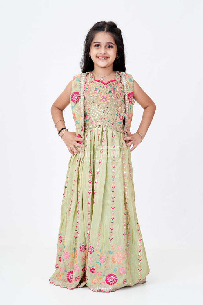 The Nesavu Girls Lehenga Choli Exquisite Green Lehenga for Girls with Floral Embroidery and Mirror Work Choli Nesavu Nesavu Exquisite Green Lehenga Girls Floral Embroidery Mirror Work Choli