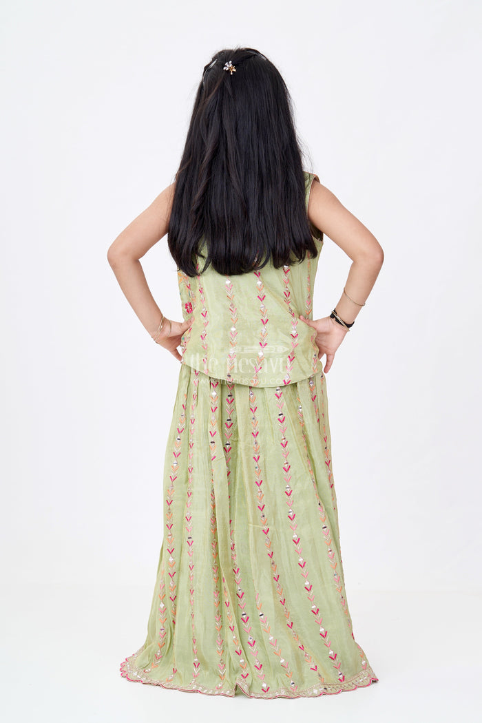 The Nesavu Girls Lehenga Choli Exquisite Green Lehenga for Girls with Floral Embroidery and Mirror Work Choli Nesavu Nesavu Exquisite Green Lehenga Girls Floral Embroidery Mirror Work Choli