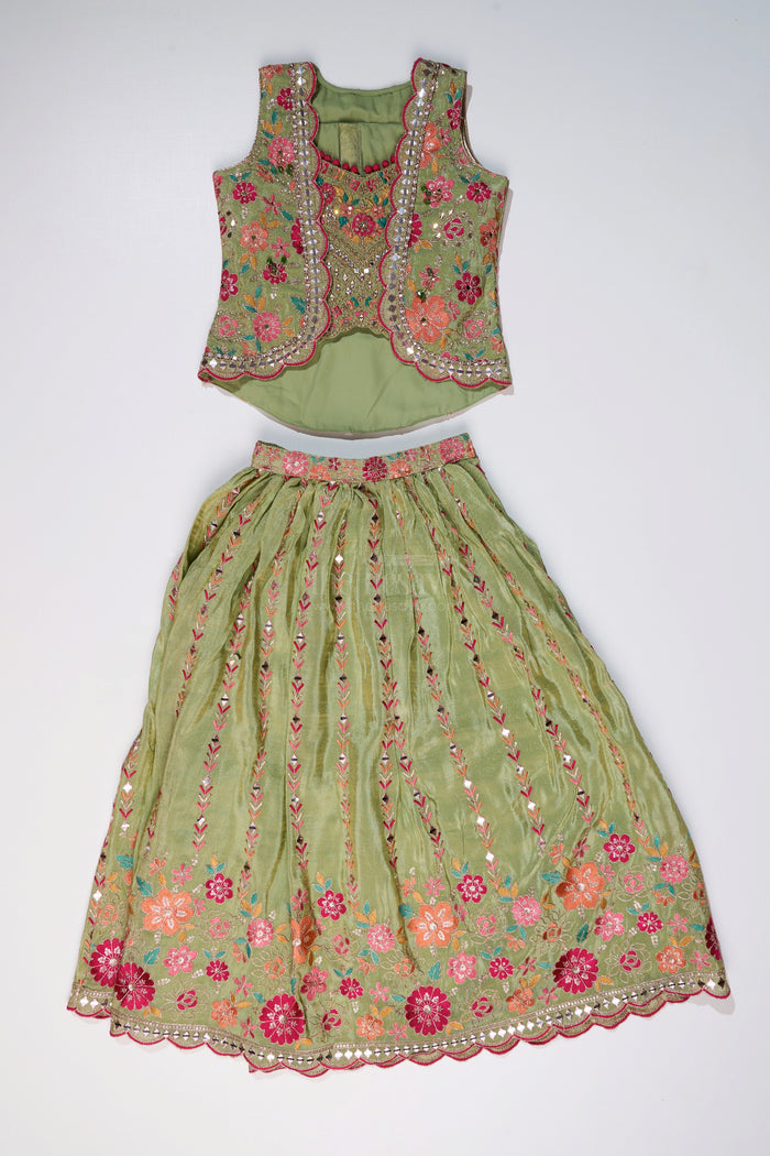 The Nesavu Girls Lehenga Choli Exquisite Green Lehenga for Girls with Floral Embroidery and Mirror Work Choli Nesavu Nesavu Exquisite Green Lehenga Girls Floral Embroidery Mirror Work Choli