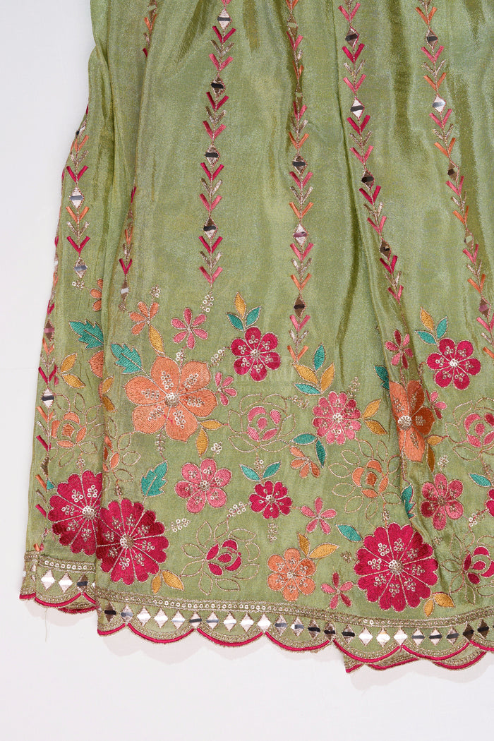 The Nesavu Girls Lehenga Choli Exquisite Green Lehenga for Girls with Floral Embroidery and Mirror Work Choli Nesavu Nesavu Exquisite Green Lehenga Girls Floral Embroidery Mirror Work Choli