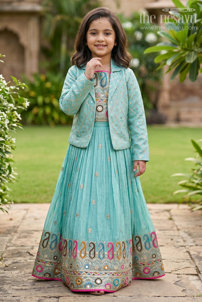 The Nesavu Girls Lehenga Choli Exquisite Light Green Lehenga for Girls with Designer Embroidery and Shimmer Chinon Silk Nesavu 24 (5Y) / Green GL589A-24 Exquisite Light Green Lehenga Girls Designer Embroidery Shimmer Chinon Silk | The Nesavu