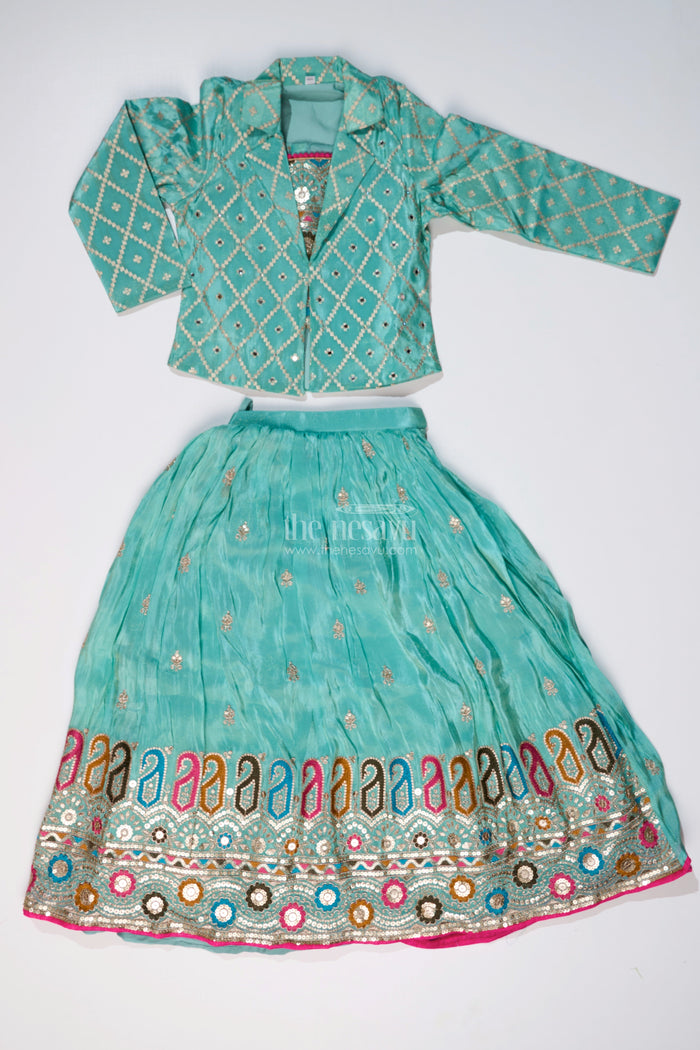 The Nesavu Girls Lehenga Choli Exquisite Light Green Lehenga for Girls with Designer Embroidery and Shimmer Chinon Silk Nesavu Nesavu Exquisite Light Green Lehenga Girls Designer Embroidery Shimmer Chinon Silk