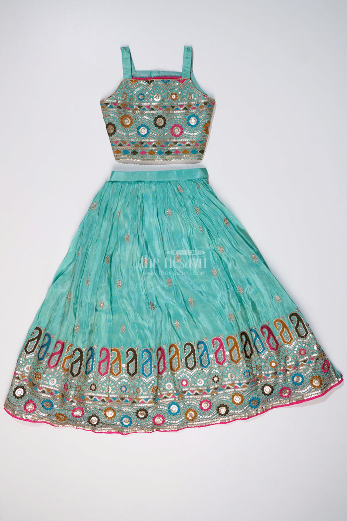 The Nesavu Girls Lehenga Choli Exquisite Light Green Lehenga for Girls with Designer Embroidery and Shimmer Chinon Silk Nesavu Nesavu Exquisite Light Green Lehenga Girls Designer Embroidery Shimmer Chinon Silk