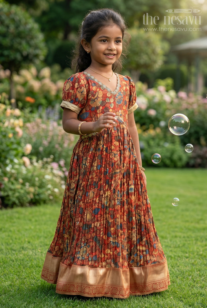 The Nesavu Girls Silk Gown Exquisite Red Kalamkari Chinon Party Gown for Girls Nesavu 16 (1Y) / Red GA233A-16 Exquisite Red Kalamkari Chinon Party Gown for Girls - Festive Wear | The Nesavu