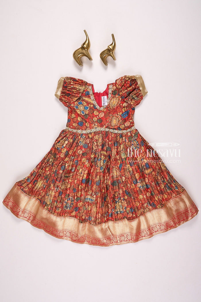 The Nesavu Girls Silk Gown Exquisite Red Kalamkari Chinon Party Gown for Girls Nesavu 16 (1Y) / Red GA233A-16 Exquisite Red Kalamkari Chinon Party Gown for Girls - Festive Wear