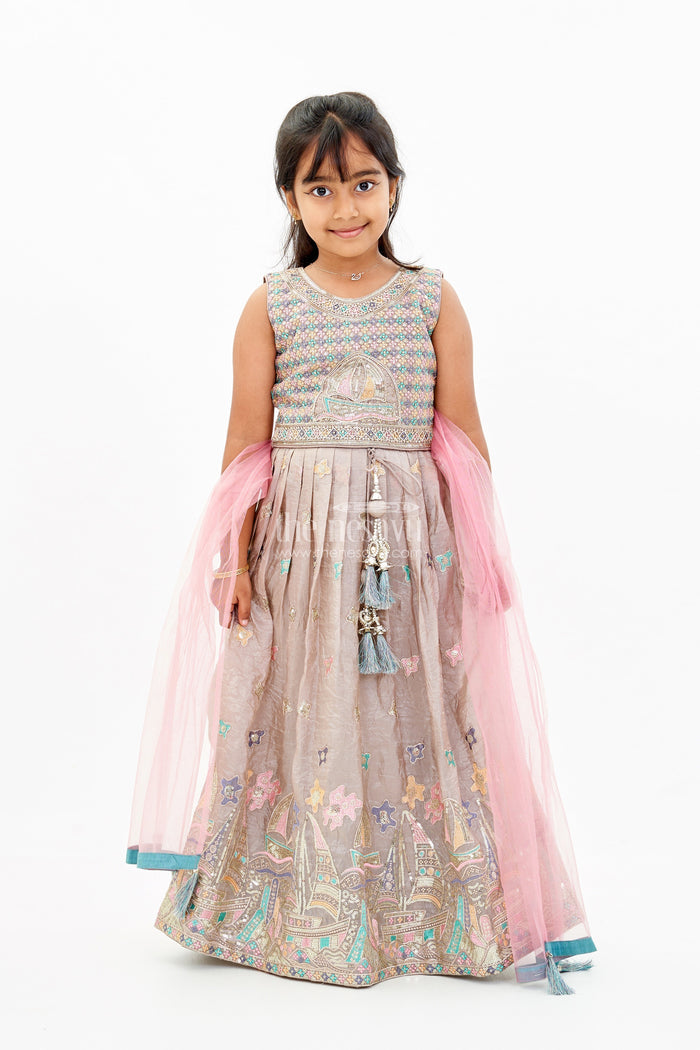 The Nesavu Girls Lehenga Choli Exquisite Sleeveless Lehenga Choli for Girls with Embroidered Shimmer Silk and Matching Dupatta Nesavu Nesavu Exquisite Sleeveless Lehenga Choli Girls Embroidered Shimmer Silk Matching Dupatta
