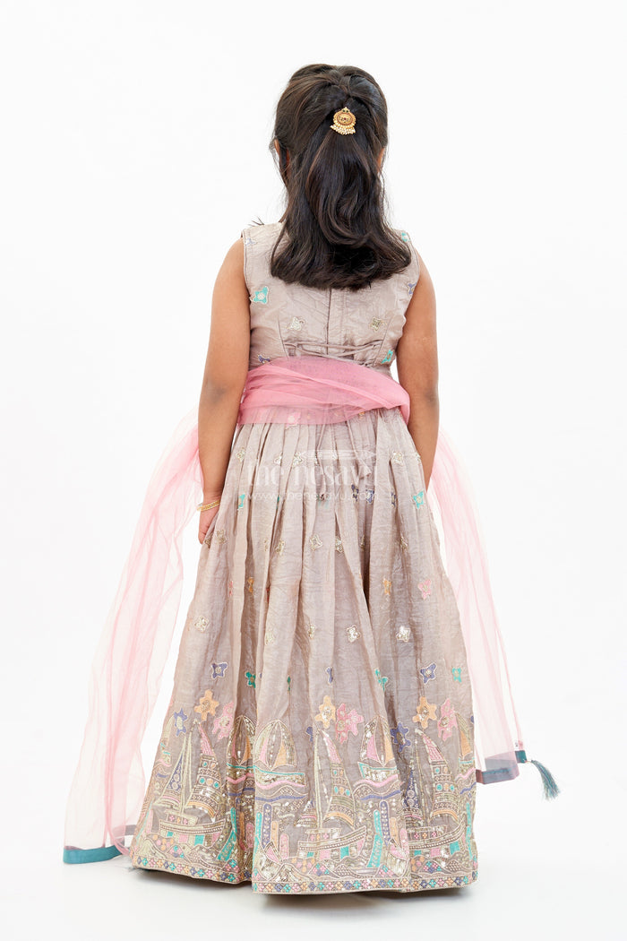 The Nesavu Girls Lehenga Choli Exquisite Sleeveless Lehenga Choli for Girls with Embroidered Shimmer Silk and Matching Dupatta Nesavu Nesavu Exquisite Sleeveless Lehenga Choli Girls Embroidered Shimmer Silk Matching Dupatta