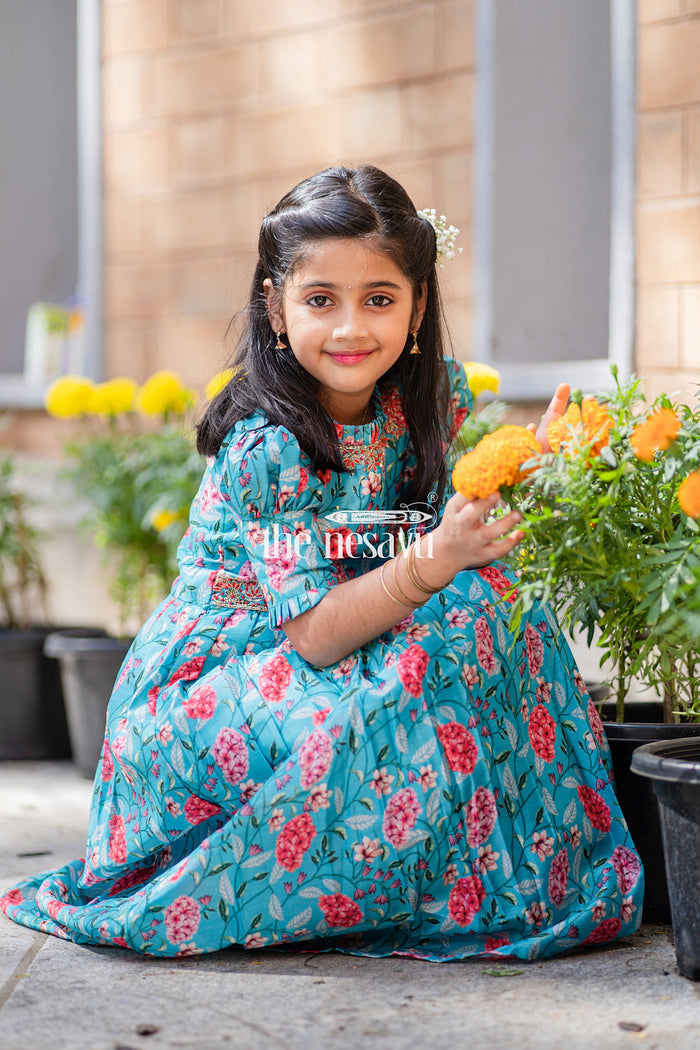 The Nesavu Girls Silk Gown Exquisite Teal Floral Anarkali Gown for Young Princesses Nesavu Buy Girls Teal Floral Embroidered Anarkali Gown | Unique Party Wear for Kids | The Nesavu