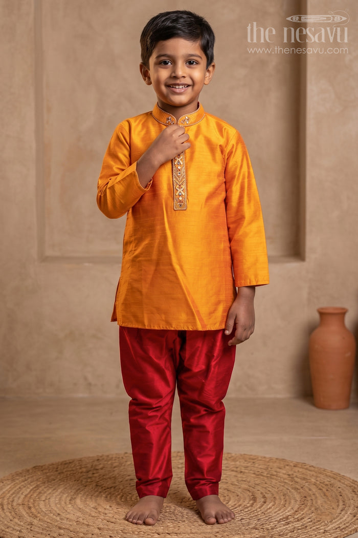 The Nesavu Boys Kurtha Set Eye-Catching Golden Yellow Kurta with Cherry Red Pant for Little Boys Nesavu 10 (NB) / Gold / Dupioni Silk BES299A-10 Exclusive Kurta Collection For Boys | The Nesavu