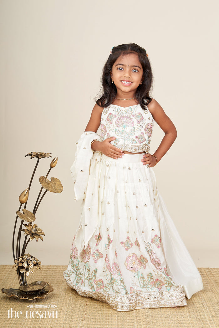 The Nesavu Girls Fancy Lehenga Fancy lehenga for baby girls with pastel embroidery and organza dupatta Nesavu 16 (1Y) / White GL754A-16 Nesavu white baby girls fancy lehenga with pastel embroidery and organza dupatta for weddings